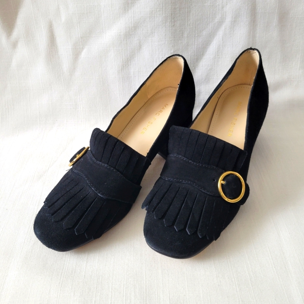 Mark Fisher Black Suede Block Heel & Fringe Loafer size 6 - Picture 4 of 15